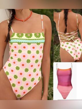 Maaji Briella Lace -Up Reversible Floral Print One Piece Swimsuit Size Medium